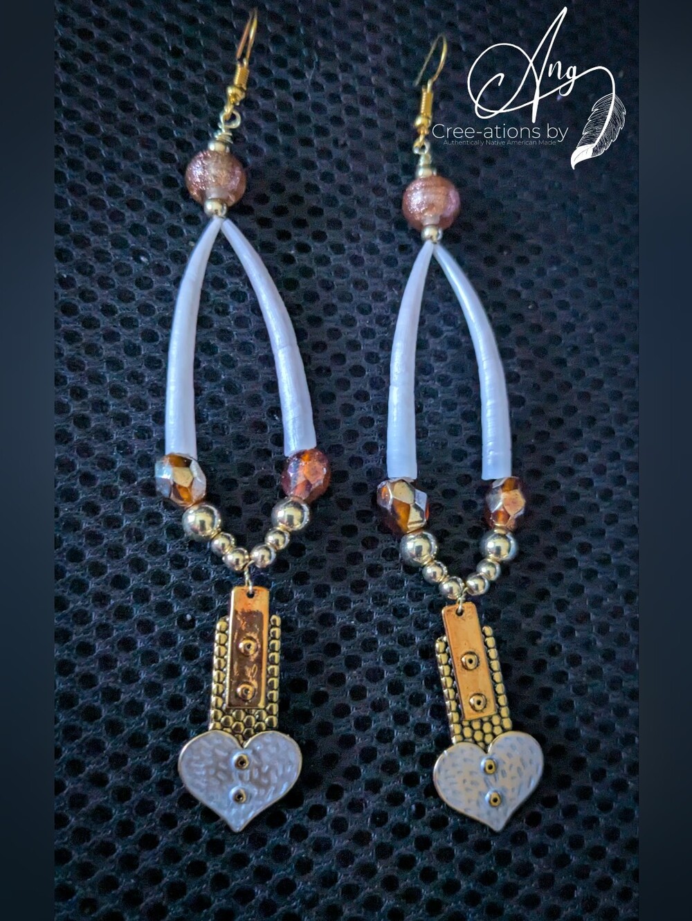 Shimmering White and Gold Studded Heart Dentalium Shell Dangle Earrings